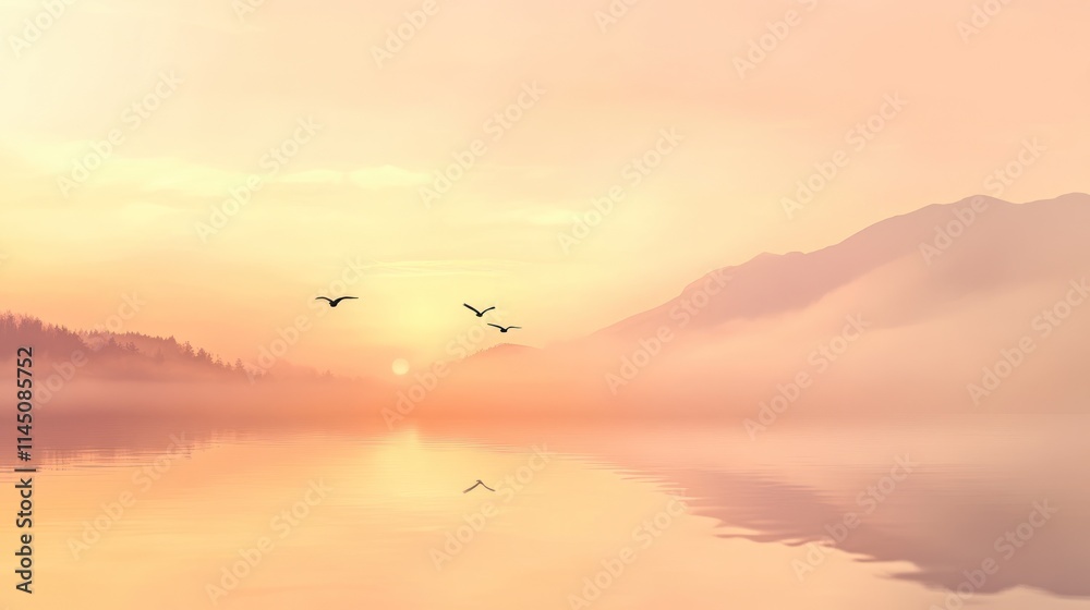 Serene sunrise over misty lake with birds in flight. Serene sunrise over misty lake with birds in flight.