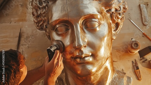 Artist restoring ancient golden statue bust with rotary tool