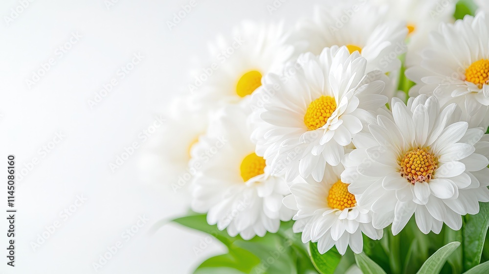 Obraz premium Beautiful bouquet of white daisy flowers with bright yellow centers close up against a clean white background.