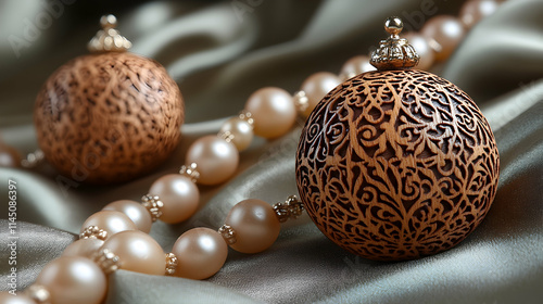 Ornate jewelry on a silky fabric backdrop.