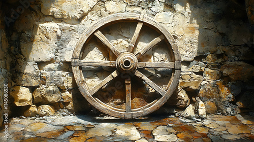 Wooden wheel against a stone wall background.