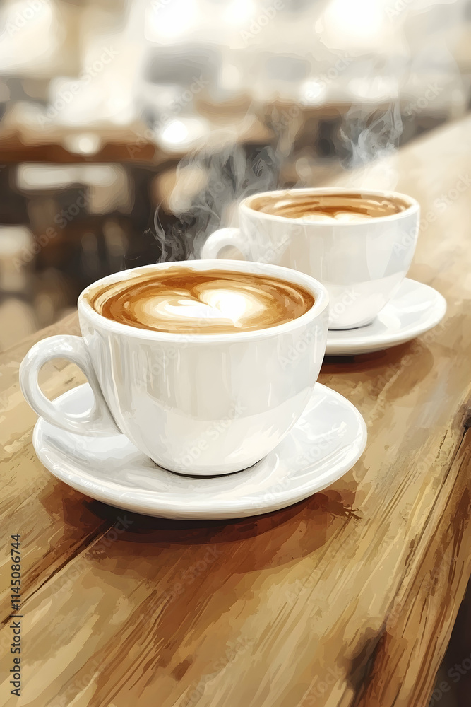 Two steaming cups of coffee on a wooden table. Two steaming cups of coffee on a wooden table.