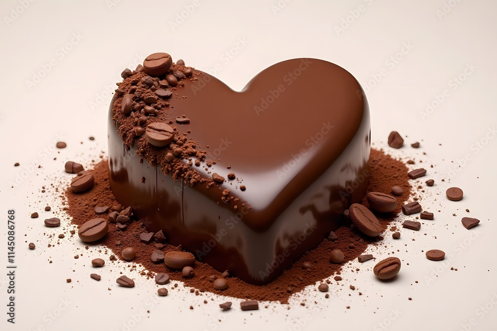 Heart-shaped chocolate cake with cocoa dust and coffee beans on white background Heart-shaped chocolate cake with cocoa dust and coffee beans on white background