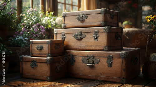 Vintage wooden suitcases arranged indoors.