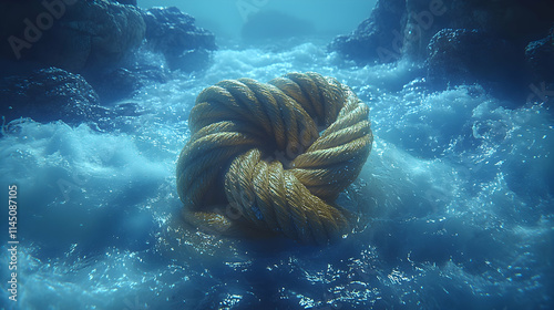 Underwater scene with a coiled yellow rope in swirling water.