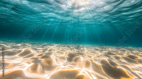 Underwater scene with sunlight and sandy floor.