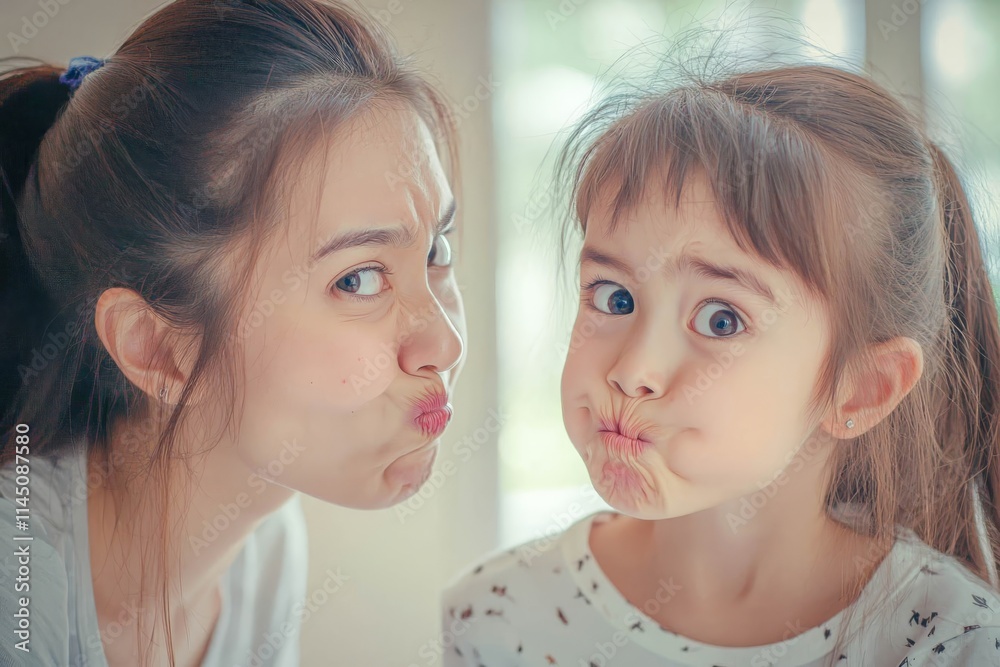 Girl pulling funny faces with mother. Girl pulling funny faces with mother.