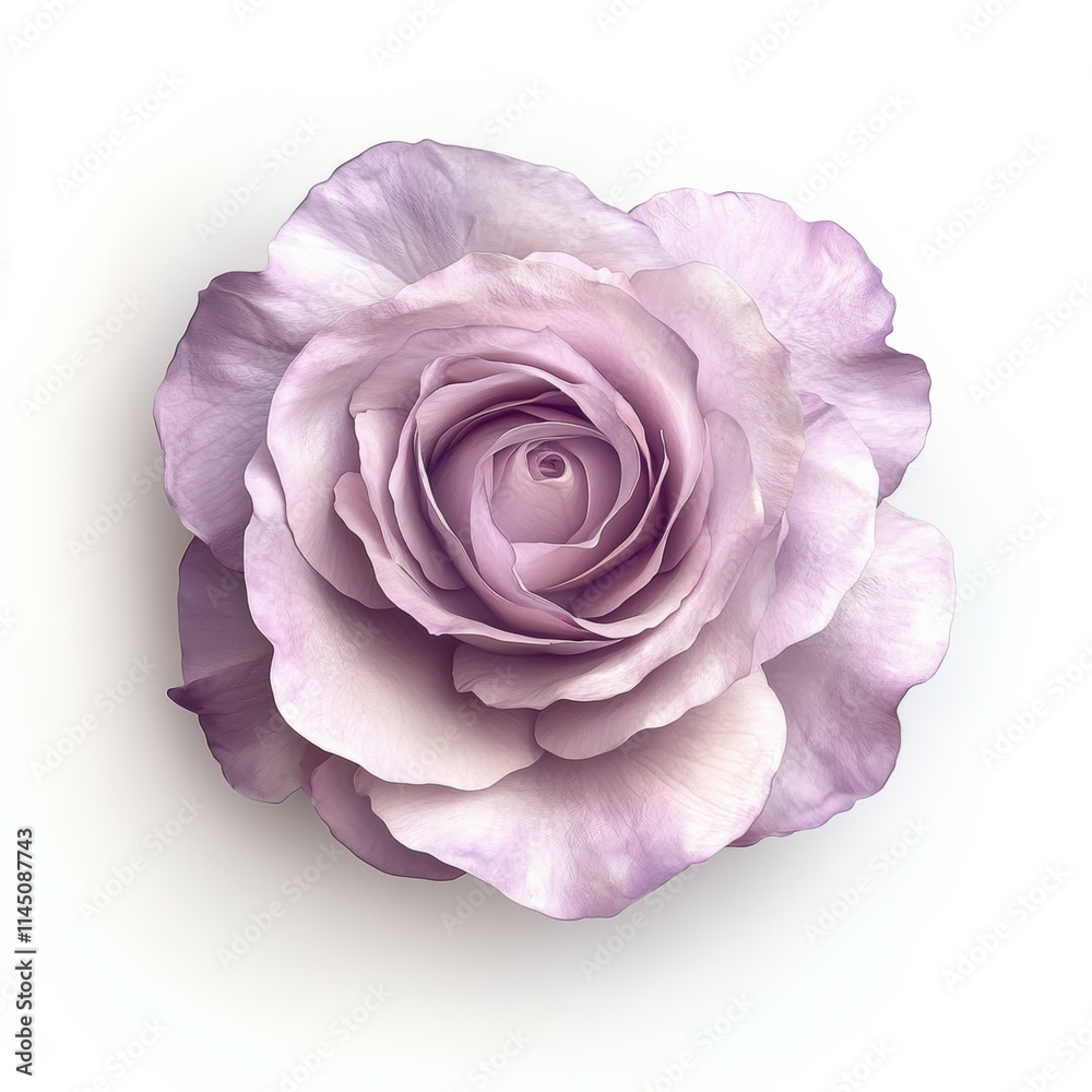 3D image of a soft lavender rose with natural textures and subtle light highlights, set against a clean white background with copy space 3D image of a soft lavender rose with natural textures and subtle light highlights, set against a clean white background with copy space