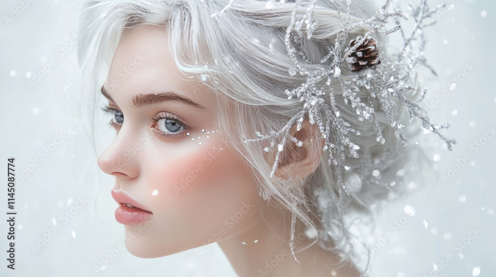 Frosty white hair with sparkling tinsel strands
Frosty silver hair with delicate crystal embellishments Frosty white hair with sparkling tinsel strands
Frosty silver hair with delicate crystal embellishments
