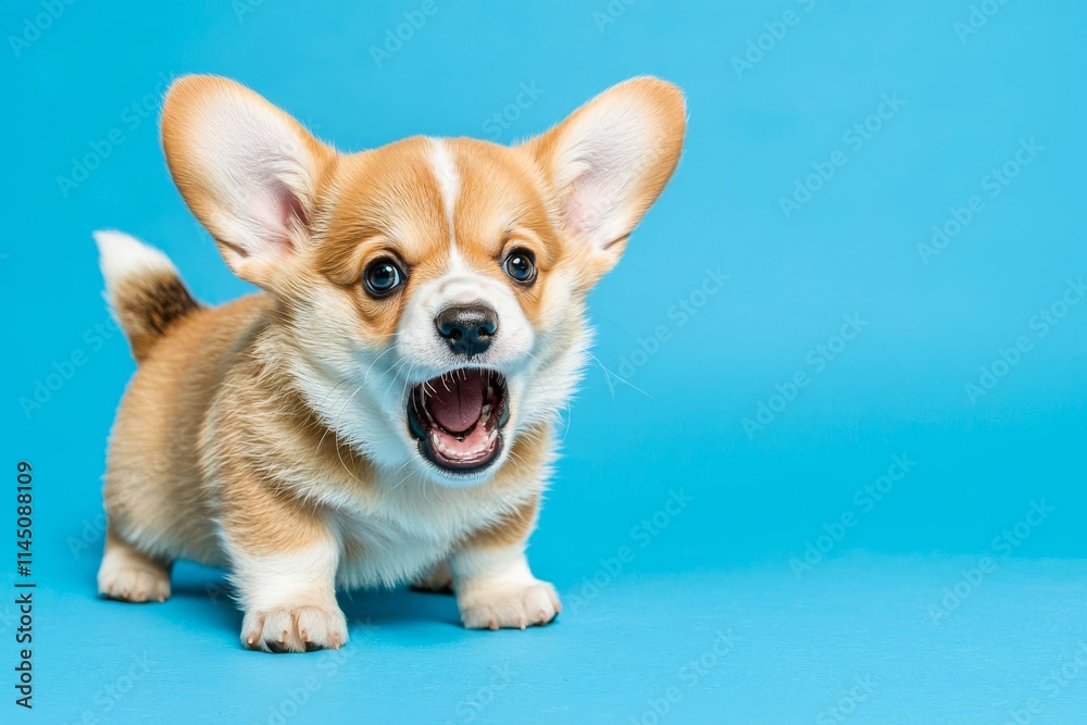 The frightened face of a dog. Funny studio portrait of a frightened corgi puppy isolated on a blue background. The frightened face of a dog. Funny studio portrait of a frightened corgi puppy isolated on a blue background.