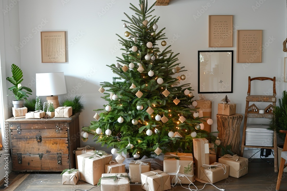 Obraz premium Beautifully decorated Christmas tree with sparkling ornaments and wrapped gifts below