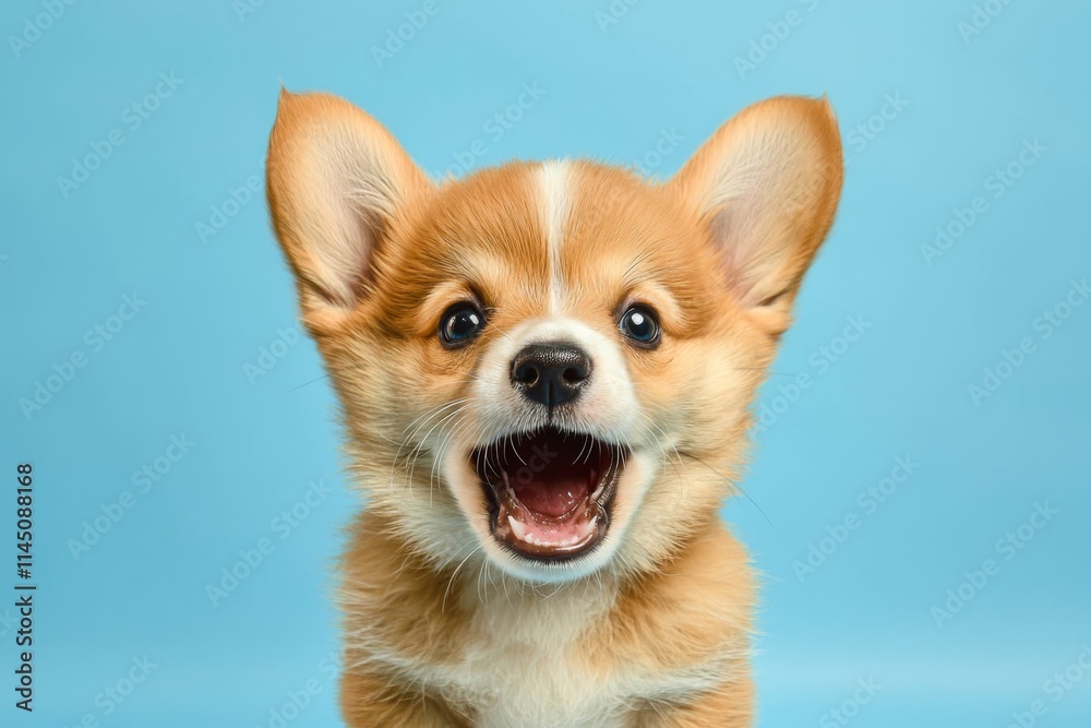 The frightened face of a dog. Funny studio portrait of a frightened corgi puppy isolated on a blue background.