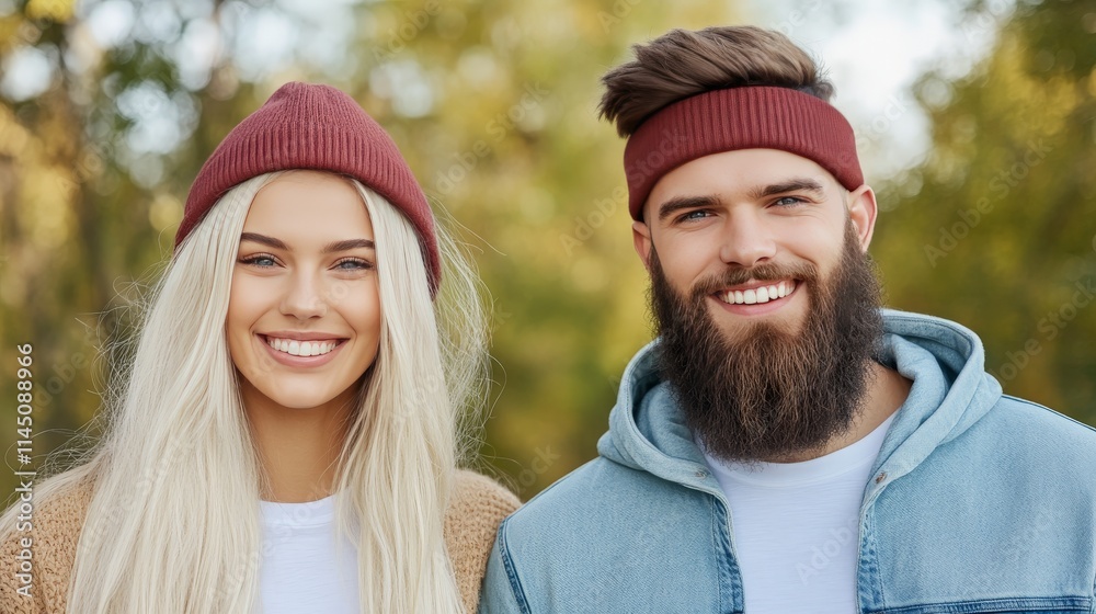Fototapeta premium Vibrant outdoor portrait of a smiling couple with bright blonde hair and casual clothing amidst colorful autumn foliage representing love happiness and togetherness