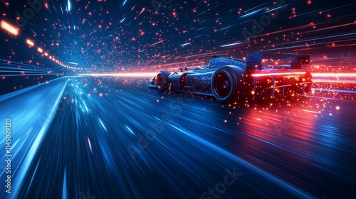 Futuristic racing car speeding on a neon-lit track in the metaverse