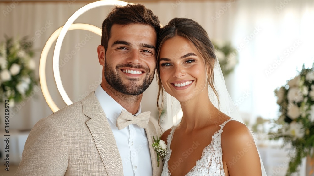 Smiling bride and groom posing indoors with elegant floral decor exuding timeless charm and joy capturing the essence of love and celebration in a classic wedding photography setting Smiling bride and groom posing indoors with elegant floral decor exuding timeless charm and joy capturing the essence of love and celebration in a classic wedding photography setting