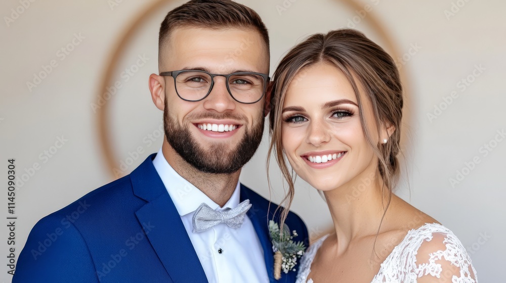 Professional couple smiling confidently in a formal setting with neutral tones embodying success and partnership Professional couple smiling confidently in a formal setting with neutral tones embodying success and partnership