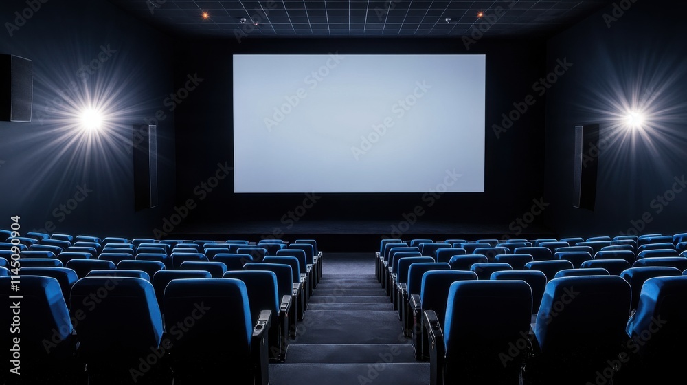Empty Cinema Theatre with Blue Seats and Blank Projection Screen in Modern Interior Design