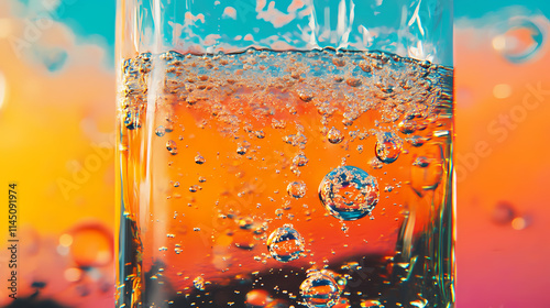 The effervescent bubbles of a sparkling soda, rising quickly in a clear glass, creating a refreshing look. Effervescent. Illustration