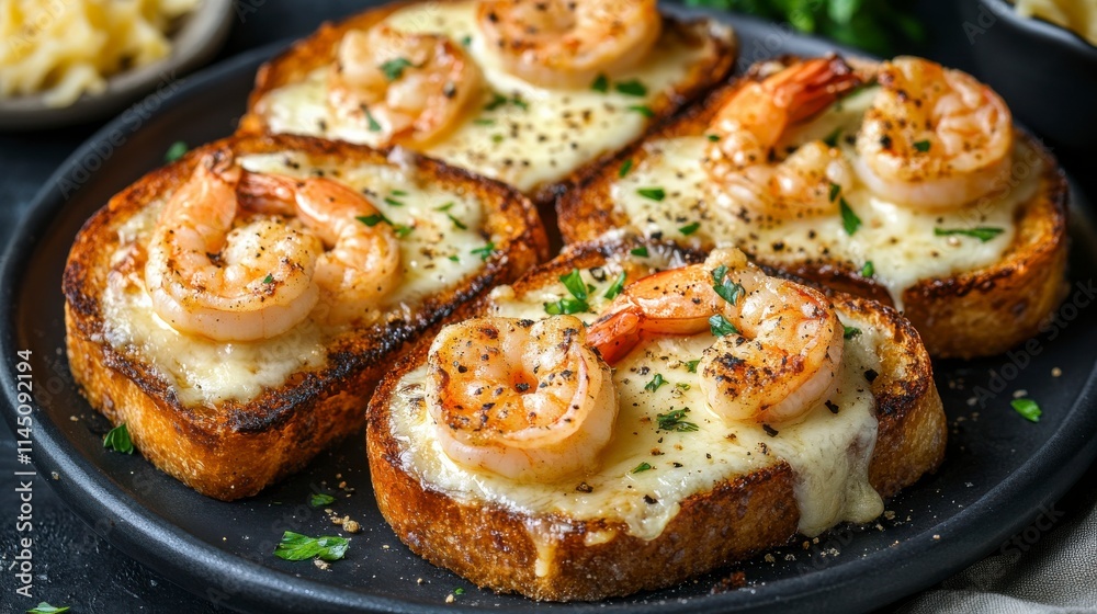 Delicious Shrimp Toast with Melted Cheese and Herbs on a Black Plate, Perfect for Gourmet Meals and Culinary Photography Showcasing Savory Dishes Delicious Shrimp Toast with Melted Cheese and Herbs on a Black Plate, Perfect for Gourmet Meals and Culinary Photography Showcasing Savory Dishes