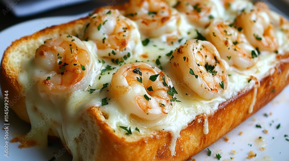 Delicious Shrimp Bread Melt Topped with Melted Cheese and Fresh Herbs, Perfect for a Flavorful Seafood Dish Any Time of Day Delicious Shrimp Bread Melt Topped with Melted Cheese and Fresh Herbs, Perfect for a Flavorful Seafood Dish Any Time of Day