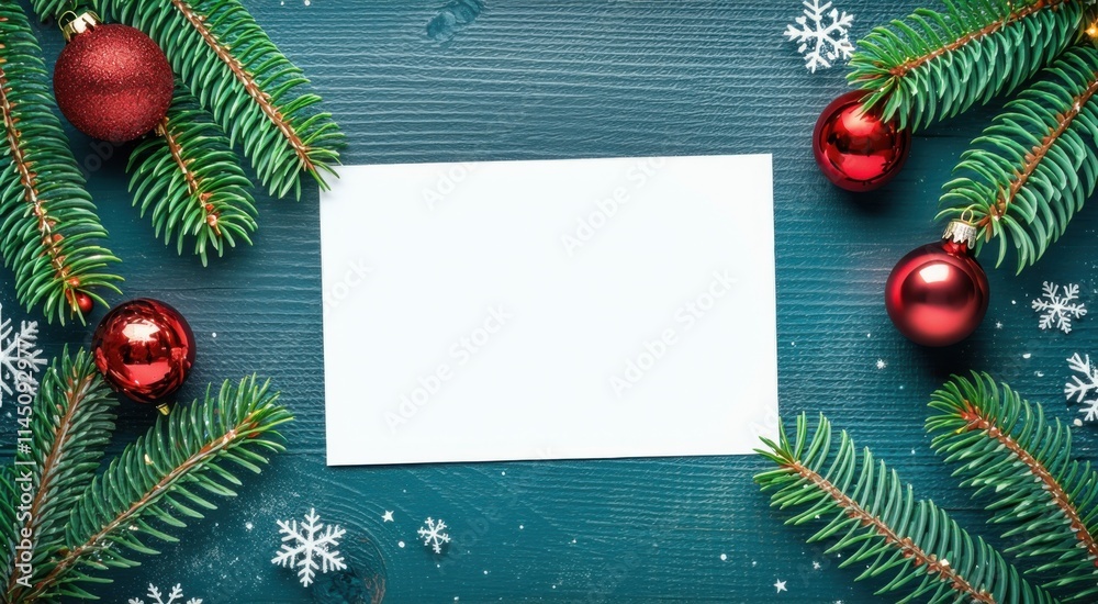 Christmas decorations and a blank card on a blue background, space for text