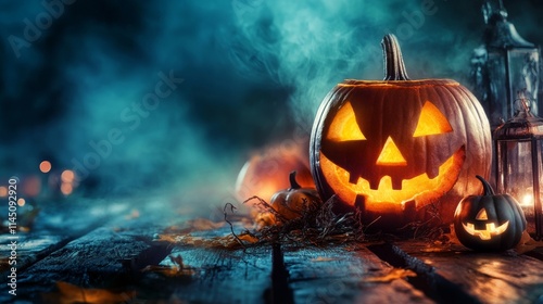 Jack-o'-lanterns Glowing in a Spooky Setting With Fog and Autumn Leaves on an Old Wooden Surface During Halloween Season photo