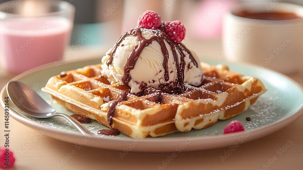 A waffle topped with vanilla ice cream and chocolate sauce served with a spoon on a beige table A waffle topped with vanilla ice cream and chocolate sauce served with a spoon on a beige table