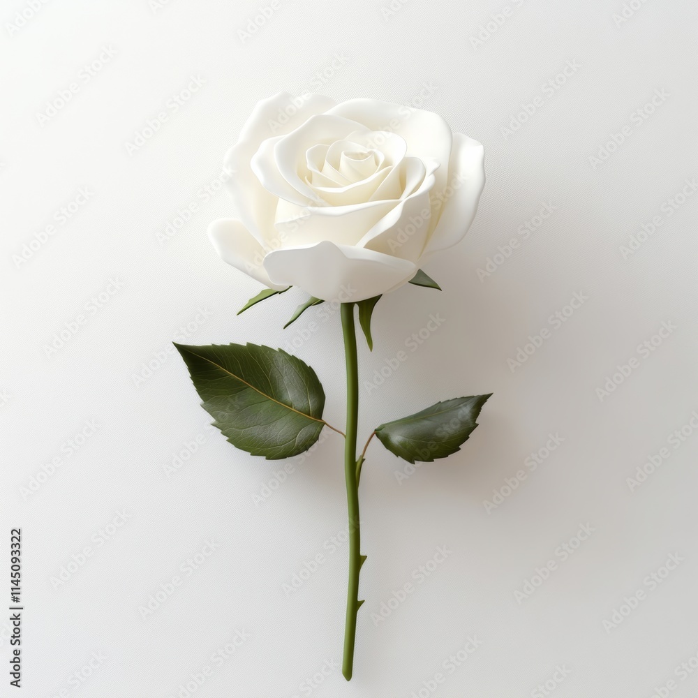 Obraz premium Single white rose with smooth, velvety petals in 3D, isolated on a white background, minimal and clean with ample space for text