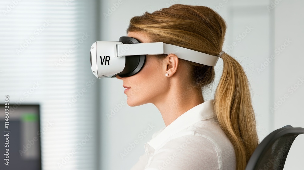 Side profile of a professional woman immersed in a VR experience wearing a modern white VR headset in a corporate environment with clean neutral tones Side profile of a professional woman immersed in a VR experience wearing a modern white VR headset in a corporate environment with clean neutral tones