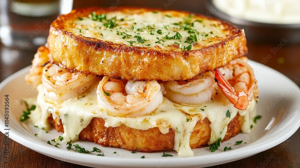 Deliciously Cheesy Shrimp Toast with a Crispy Golden Crust, Perfectly Grilled Shrimp, and Fresh Parsley Garnish on a White Plate Deliciously Cheesy Shrimp Toast with a Crispy Golden Crust, Perfectly Grilled Shrimp, and Fresh Parsley Garnish on a White Plate