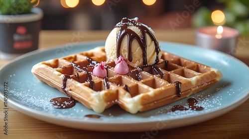 A mouthwatering plate of waffles served with ice cream and chocolate drizzle on a rustic wooden surface photo