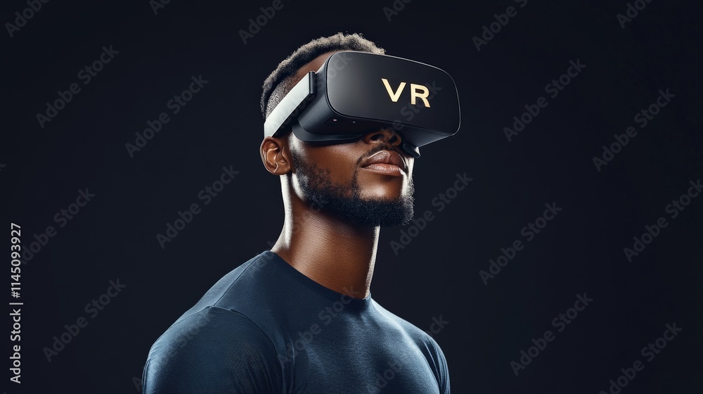 Athletic man wearing a black VR headset against a dark background showcasing futuristic virtual reality technology for immersive sports and fitness training