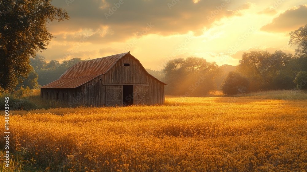 Rustic barn at sunset surrounded by golden fields Rustic barn at sunset surrounded by golden fields