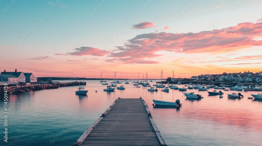 Obraz premium Peaceful Harbor Sunset Boats Wooden Dock Houses