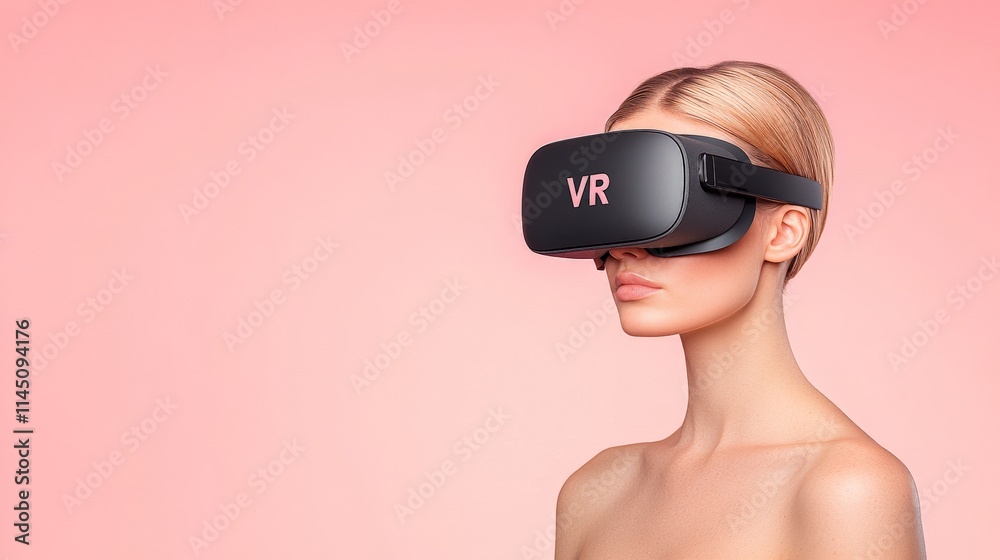Minimalistic profile of a woman with blonde hair wearing a white VR headset against a bright blue background embodying simplicity innovation and digital creativity Minimalistic profile of a woman with blonde hair wearing a white VR headset against a bright blue background embodying simplicity innovation and digital creativity