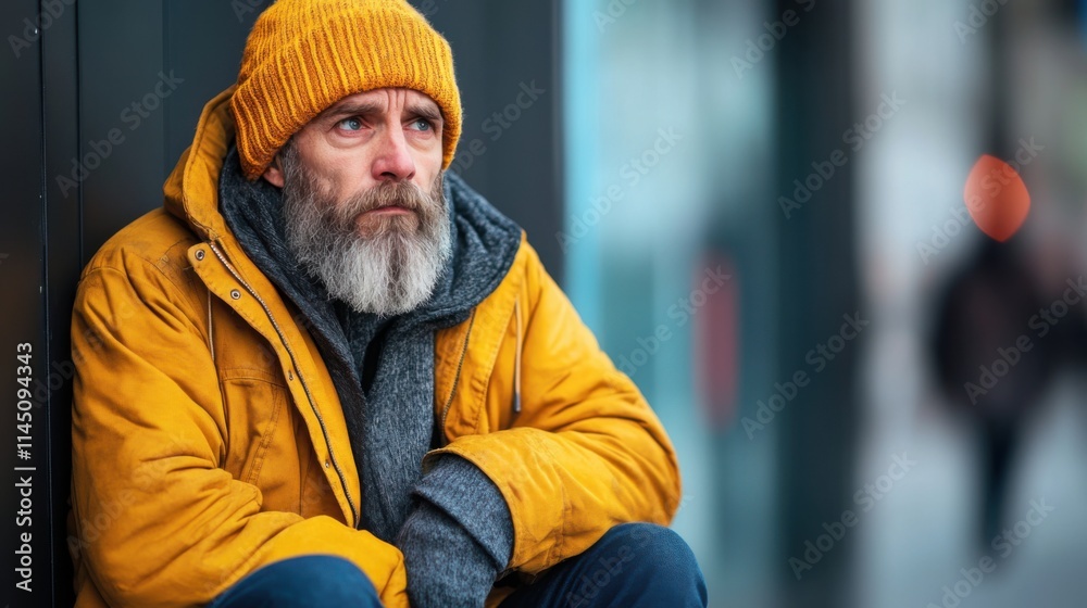Thoughtful man with beard wearing yellow hat and jacket sits outdoors reflecting on life in urban environment Thoughtful man with beard wearing yellow hat and jacket sits outdoors reflecting on life in urban environment