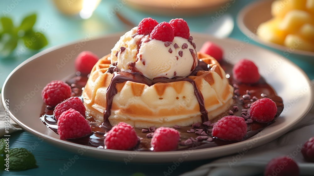 A plate of waffles topped with ice cream and melted chocolate sauce surrounded by fresh fruit and a napkin A plate of waffles topped with ice cream and melted chocolate sauce surrounded by fresh fruit and a napkin