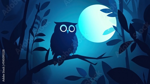 Silhouette owl perched on branch under glowing moon in dark forest. photo