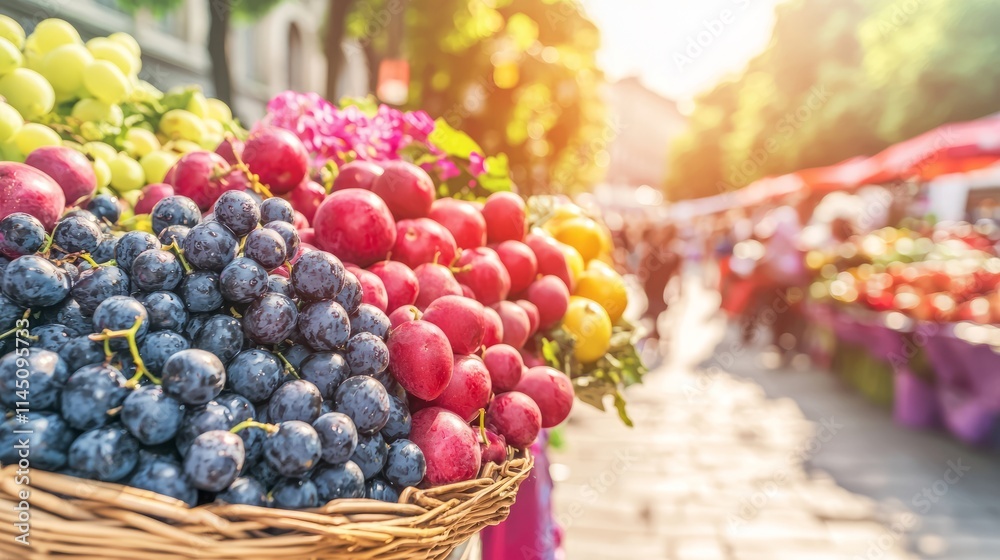 A vibrant market scene showcasing fresh fruits in a sunny outdoor setting. A vibrant market scene showcasing fresh fruits in a sunny outdoor setting.