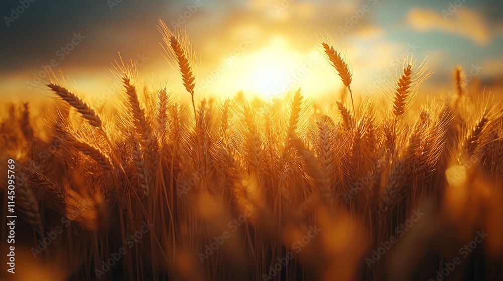 Wheat stalks sway gently in the golden sunset light Wheat stalks sway gently in the golden sunset light