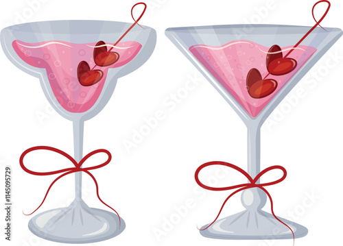 set of martini glasses and bud glass with pink drink and berries in the shape of hearts and red bows, valentine's day design