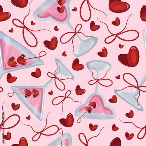 seamless pattern with martini glasses and a bud glass with a pink drink and berries in the shape of hearts and red bows on a pink background, design for valentine's day
