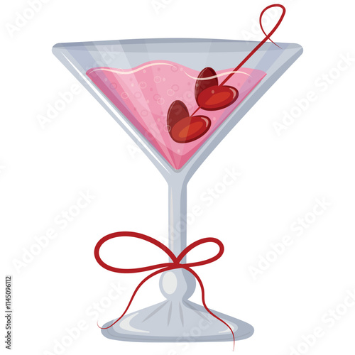 martini glass icon with pink drink and berries in heart shape and red bow, valentines day design