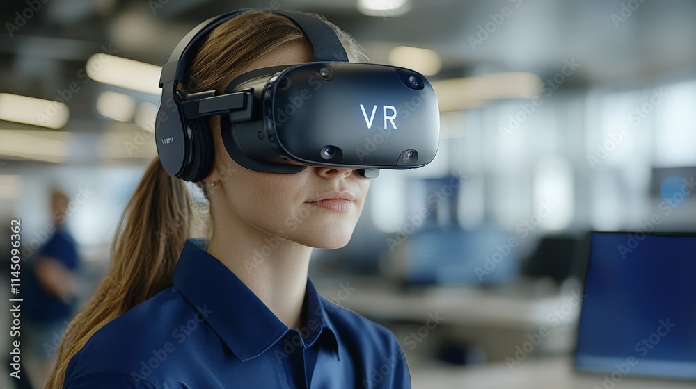 Corporate professional using a VR headset in a modern office environment showcasing the integration of virtual technology into workplace innovation and collaboration Corporate professional using a VR headset in a modern office environment showcasing the integration of virtual technology into workplace innovation and collaboration