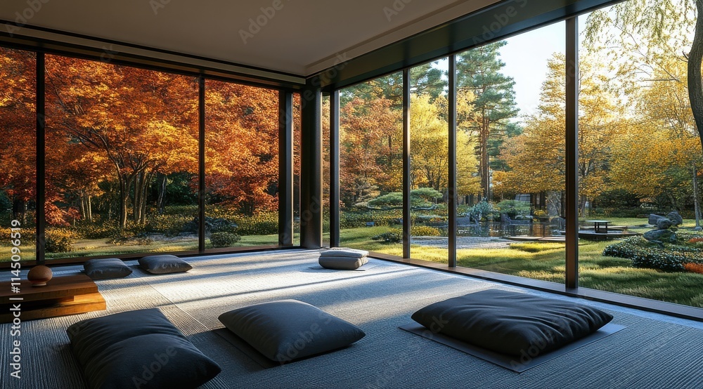Serene Zen Garden with Large Windows Overlooking Autumn Forest and Meditation Space with Cushions and Tatami Serene Zen Garden with Large Windows Overlooking Autumn Forest and Meditation Space with Cushions and Tatami