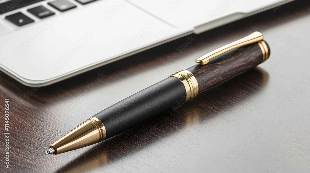 Elegant Gold And Wood Pen Near Laptop Computer Elegant Gold And Wood Pen Near Laptop Computer