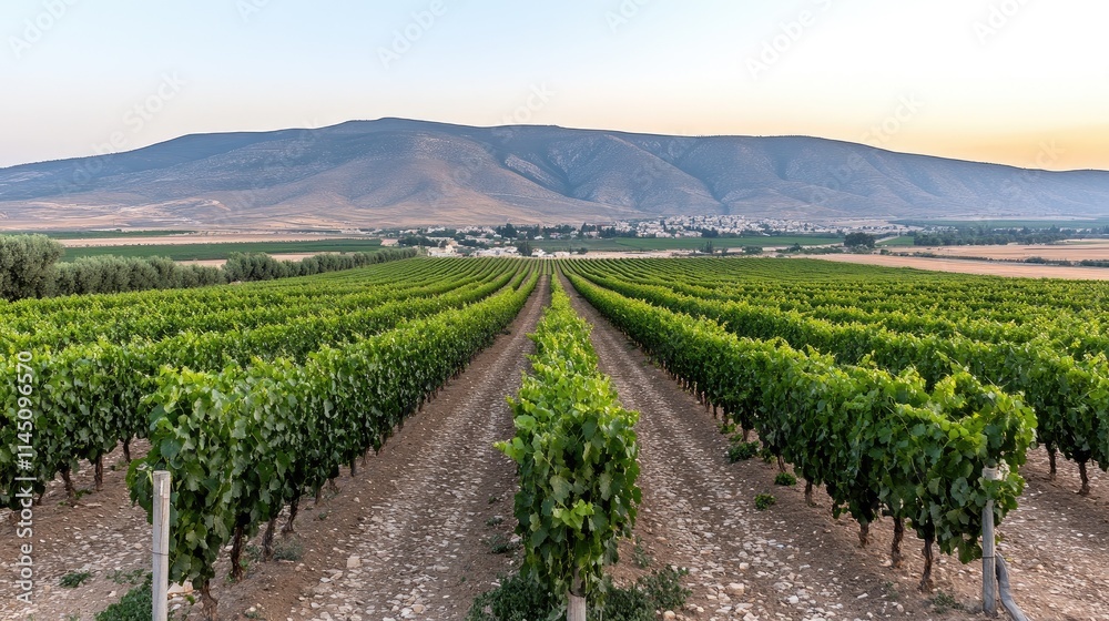 Rows of green grapevines flourish in a vineyard, leading towards distant mountains. The golden sunset casts a warm glow over the landscape, creating a serene atmosphere. Rows of green grapevines flourish in a vineyard, leading towards distant mountains. The golden sunset casts a warm glow over the landscape, creating a serene atmosphere.