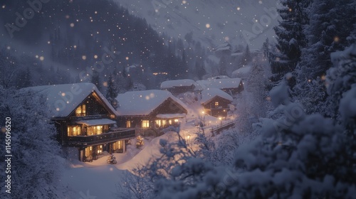 A peaceful view of snow-laden lodges nestled in a quiet mountain valley, with warm glowing windows and gentle snowfall under a starry sky. AI generated. photo