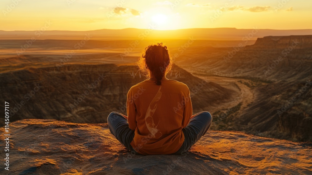 Woman Meditates At Sunset Over Canyon Landscape Woman Meditates At Sunset Over Canyon Landscape