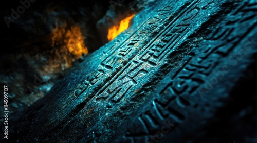 Ancient Stone Tablet With Carved Hieroglyphs Near Fire photo